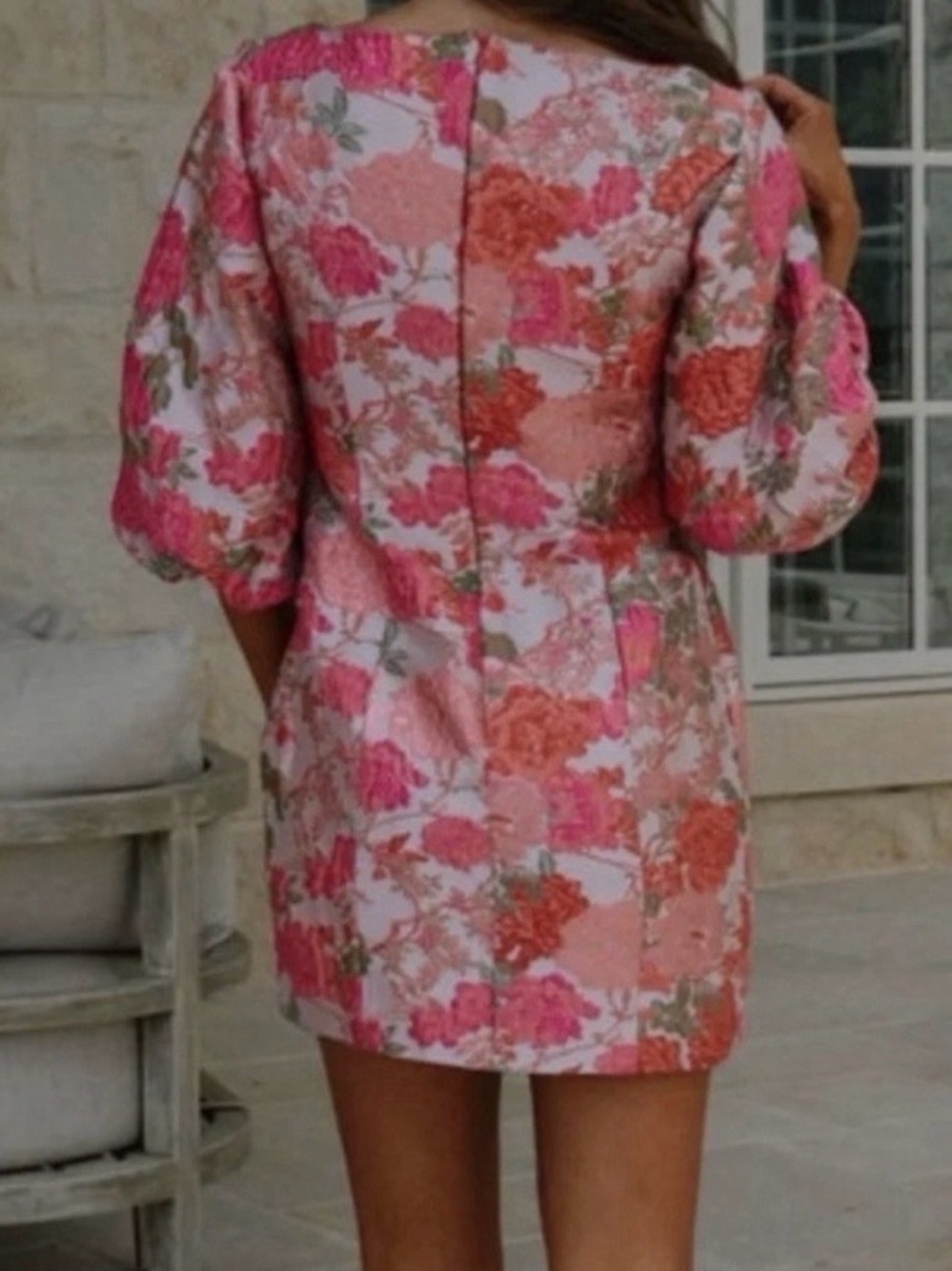 Ina Floral Jacquard Puff-Sleeve Mini Dress - Pink/Coral - Picture 2 of 5